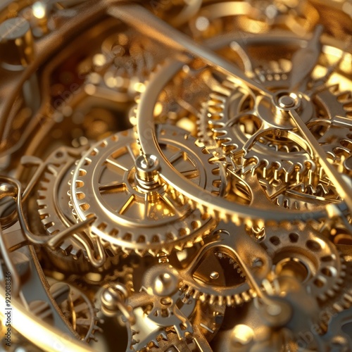 Macro shot of intricate golden clock gears showcasing craftsmanship and elegance, Precision Chronometry photo