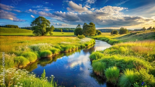 Serene countryside landscape featuring a gentle stream meandering through a lush green field with tall grasses and wildflowers under a clear blue sky.