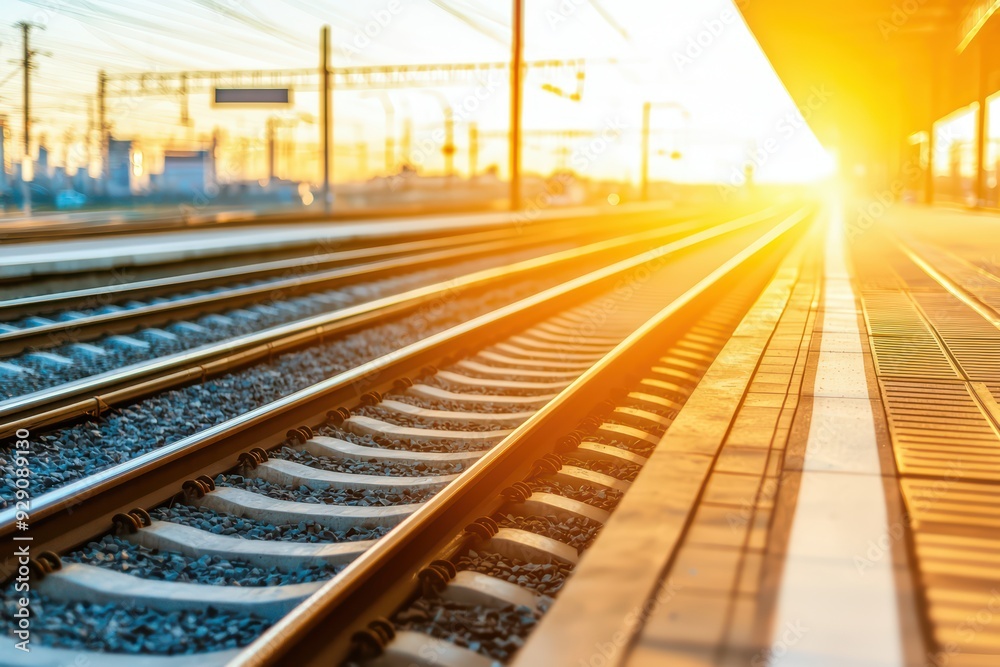 Obraz premium Golden hour lights up railway tracks, showcasing the beauty of travel and journey. A perfect image for transportation themes.