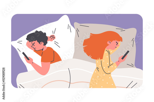 Angry young couple lying apart in the bed using smartphones, intimate problem, conflict relationship vector in frame