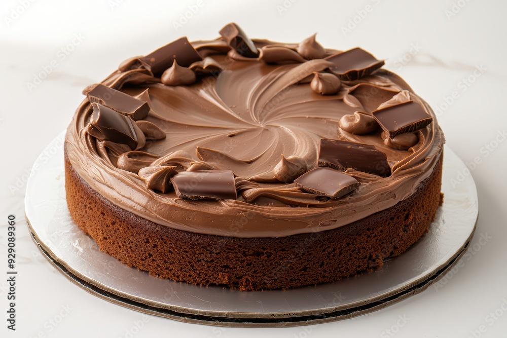 Indulge in this rich chocolate cake, beautifully decorated with swirls of creamy frosting and topped with chocolate pieces. Indulge in this rich chocolate cake, beautifully decorated with swirls of creamy frosting and topped with chocolate pieces.