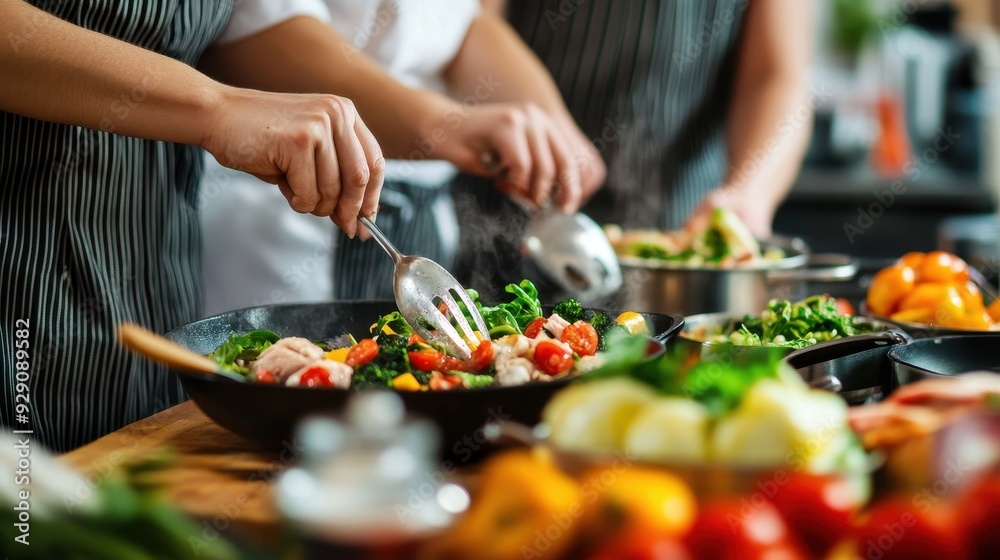 Participants skillfully chop and mix fresh vegetables in a lively cooking class setting Participants skillfully chop and mix fresh vegetables in a lively cooking class setting