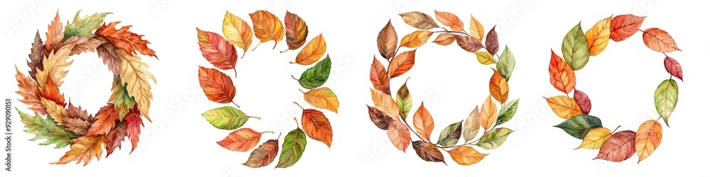 Beautiful collection of autumn wreaths made from colorful leaves, perfect for seasonal decor and nature-themed designs.