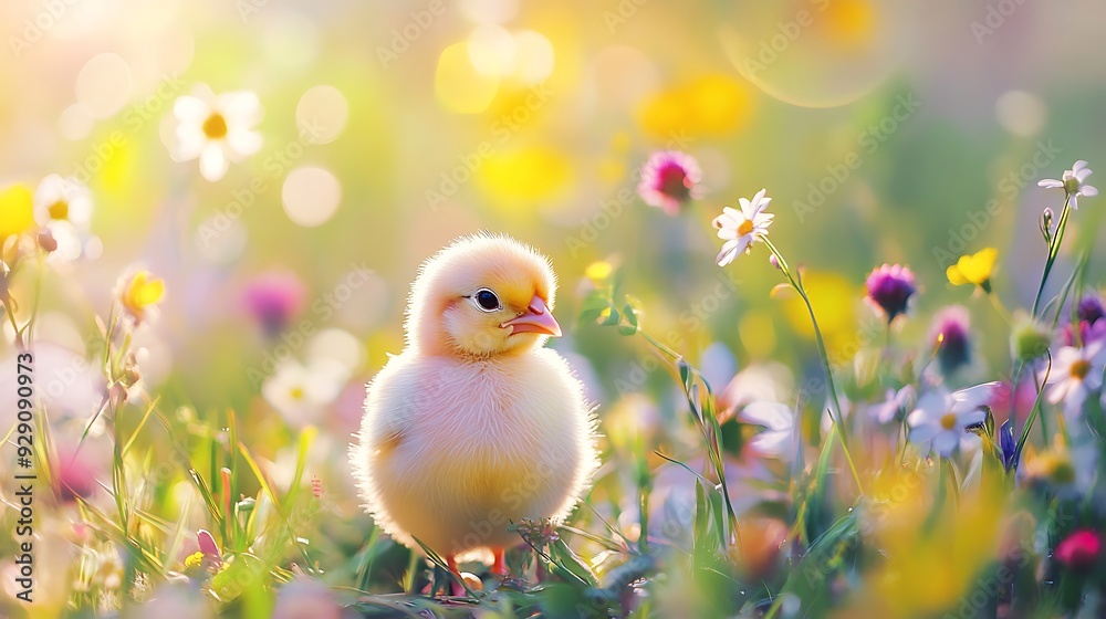 A fluffy yellow chick stands in a field of colorful wildflowers, bathed in soft sunlight. A fluffy yellow chick stands in a field of colorful wildflowers, bathed in soft sunlight.