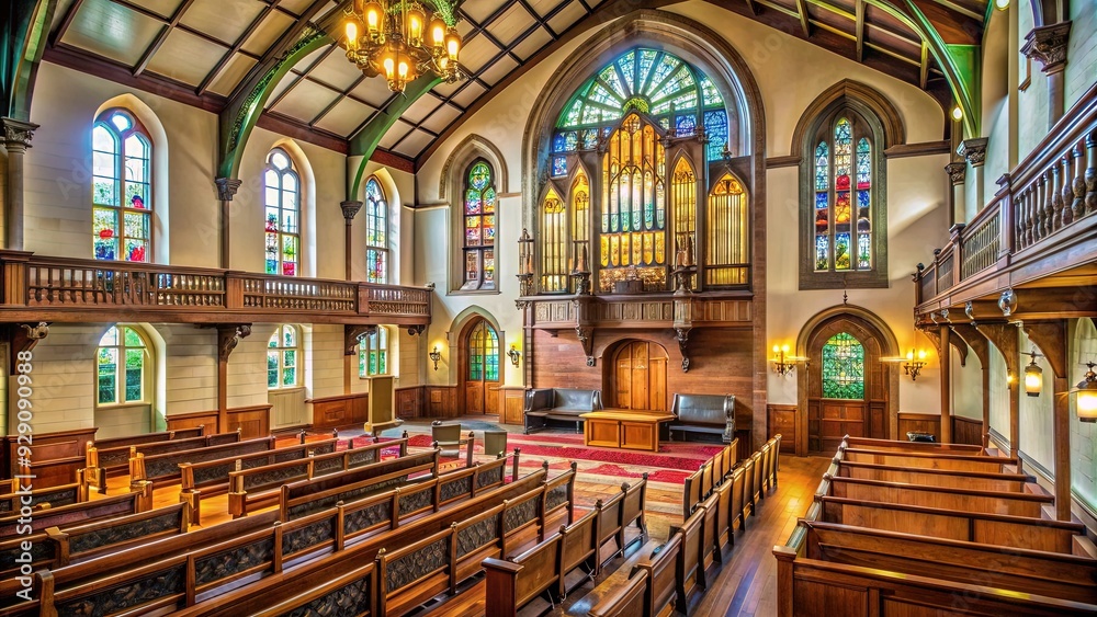 Fototapeta premium Serene interior of a historic Unitarian church with stained glass windows, wooden pews, and a grand organ, conveying a sense of community and spiritual connection.
