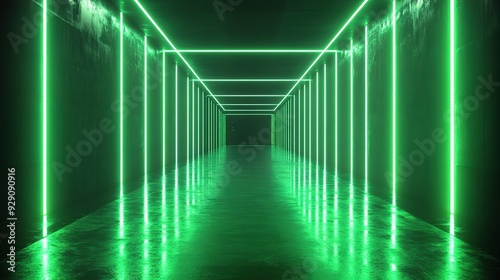 A futuristic, smoke-filled corridor illuminated by vibrant green neon lights, creating a mesmerizing perspective. 