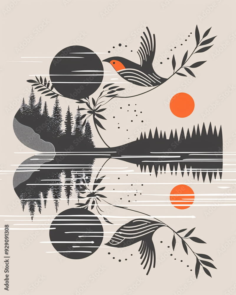 Φωτογραφία Sunrise Serenity: Tranquil Lake, Bold Lines, Earthy Hues - A bird on a branch wi