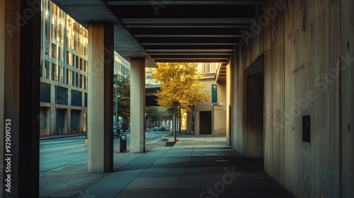 A Sunlit Tree Through Concrete Columns in an Urban Alleyway