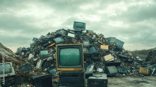 A mountain of discarded televisions sits at a recycling facility on an overcast day photo