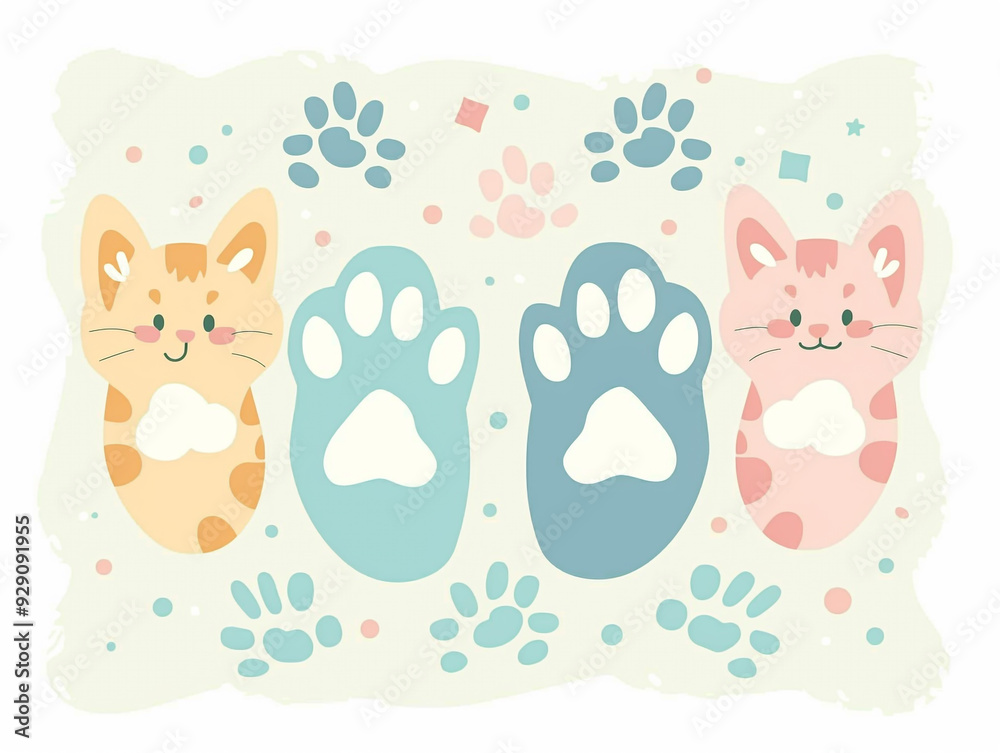 2d flat illustration of cat paws on a simple background. Cute cartoon style.