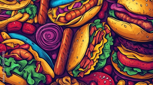 Culinary delights. A playful illustration of various street food vendors photo