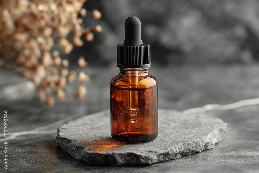 Bottle with micellar water, essence of natural oil, serum serum for the face. Brown glass bottle with pipette on sandstone stone Bottle with micellar water, essence of natural oil, serum serum for the face. Brown glass bottle with pipette on sandstone stone