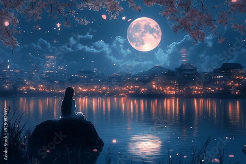 Cute anime girl admiring the moonlit night by the lake in a Japanese city with cherry blossoms