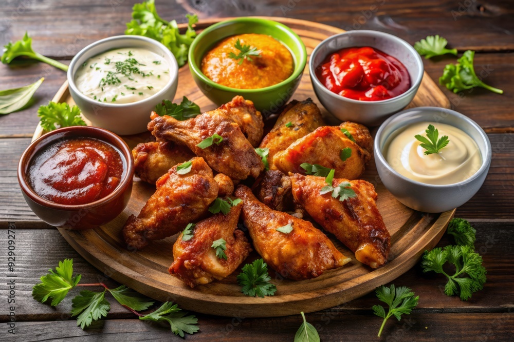 Crispy Chicken Wings with Dipping Sauces on Wooden Board Crispy Chicken Wings with Dipping Sauces on Wooden Board