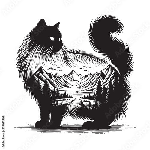 silhouette of Ragdoll cat, filled with mountain and nature view in rough drawing, minimalist,