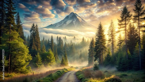Serenely lit misty forest path unwinds towards a distant mountain peak, symbolizing a contemplative and transformative spiritual journey towards enlightenment and inner peace. photo