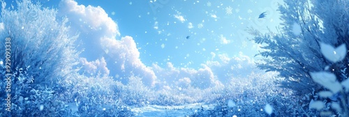 Enchanted Winter Fantasy: anime-style Dreamy Landscape with Magical Blue Tones, Delicate Snowflakes, and Captivating Flora,Anime-Style,illustration,Picture BooksFor Poster,Novel,UI,WEB,Game,Design,Abs photo