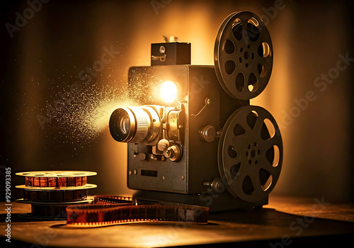 A nostalgic image of an old-fashioned film projector casting light through the reels, with visible dust particles in the air