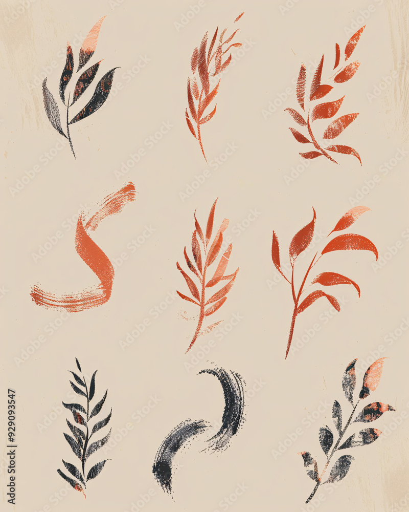 Modern Calligraphy Brush Strokes in Beige - A collection of leaves drawn on paper