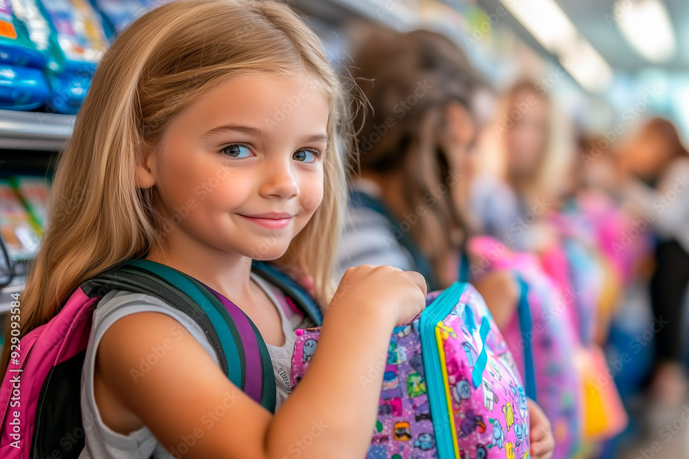 Portrait of girl with her backpack buying school supplies for back to school Portrait of girl with her backpack buying school supplies for back to school