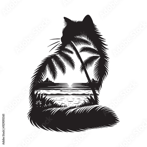 silhouette of Ragdoll cat, filled with ocean beach view with palm tree in rough drawing, minimalist,