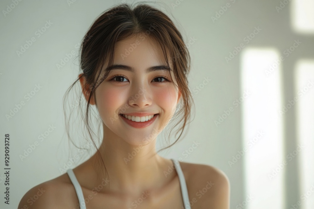 Beautiful young Asian woman smiling and happy created with Generative AI Beautiful young Asian woman smiling and happy created with Generative AI