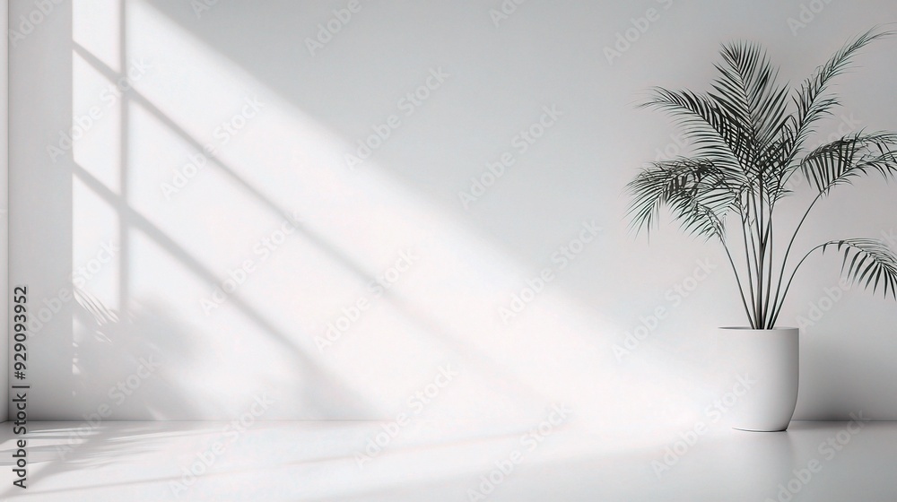 Minimalist Interior Design: Sun-drenched tranquility in a modern, white interior with a single palm plant, casting soft shadows on the pristine floor. Minimalist Interior Design: Sun-drenched tranquility in a modern, white interior with a single palm plant, casting soft shadows on the pristine floor.
