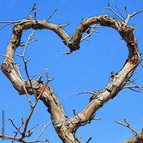 Intertwined Tree Branches Forming a Natural Heart Shape Against a Clear Blue Sky