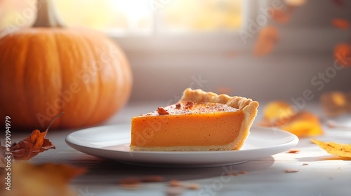 Pumpkin Pie Slice, Soft Light, Minimalist Dessert photo