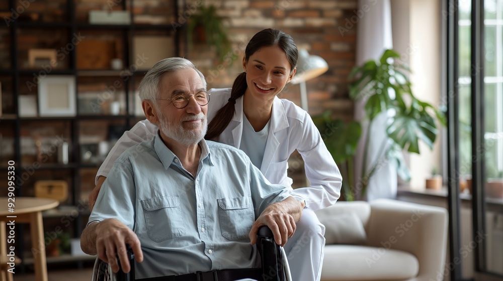 A caregiver assisting an elderly man in a wheelchair, showcasing compassion and support. A caregiver assisting an elderly man in a wheelchair, showcasing compassion and support.