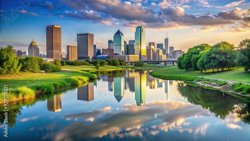 Serene morning scene of the Trinity River flowing through downtown Dallas, Texas, with city skyscrapers and lush greenery reflected in calm waters. photo