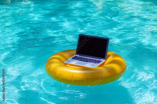 A vibrant laptop placed on a colorful pool float beautifully symbolizes the perfect harmony between work and leisurely enjoyment, ideal for workaholics in search of a refreshing summer atmosphere photo