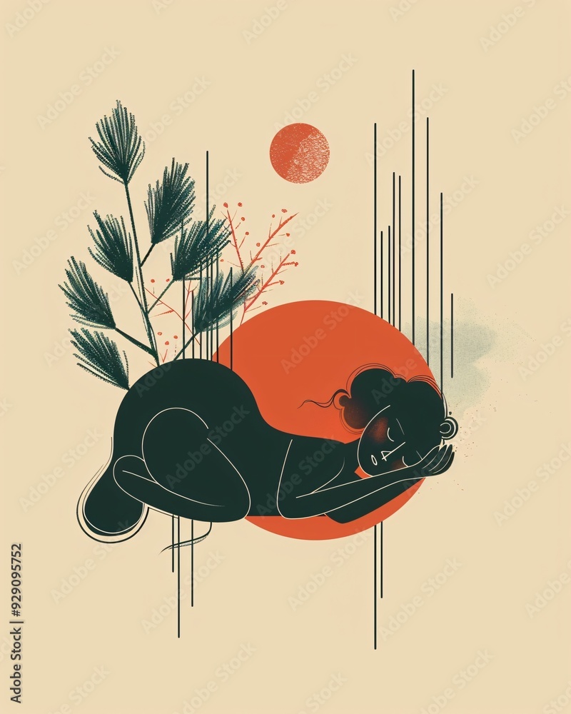 Φωτογραφία Beige Serenity: Minimalist Line Art of Slumber - A drawing of a woman lying down