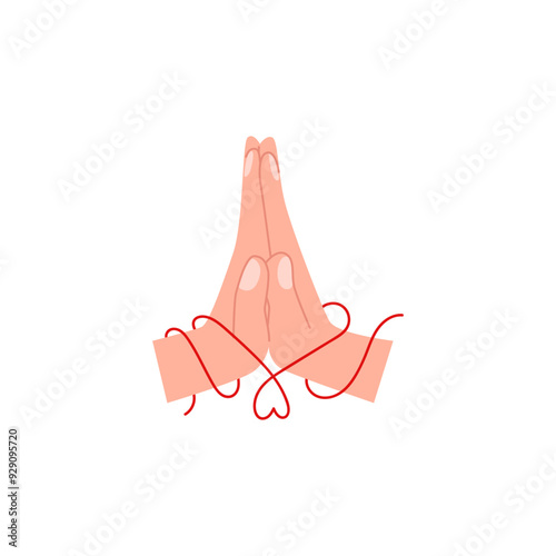 Folded prayer hands with red ribbon and heart, vector human praying arm religion symbol, Namaste sign gesture emoji icon