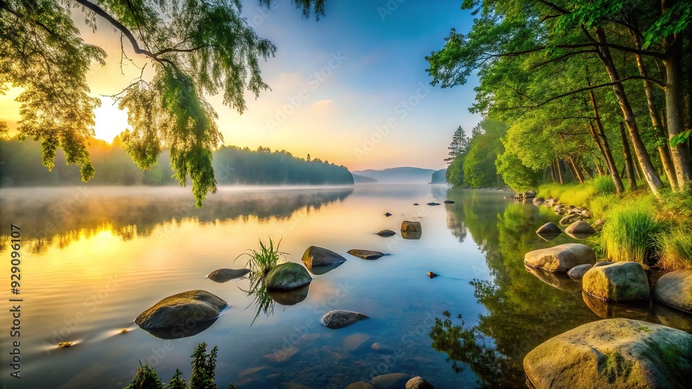 Serenene atmosphere surrounds a peaceful misty lake at dawn, with lush greenery and a few stones scattered along the tranquil waterfront for meditation. Serenene atmosphere surrounds a peaceful misty lake at dawn, with lush greenery and a few stones scattered along the tranquil waterfront for meditation.