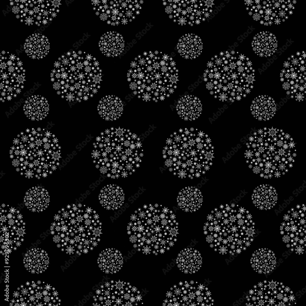 Hand drawn Christmas background seamless pattern balls of white snowflakes black background Hand drawn Christmas background seamless pattern balls of white snowflakes black background