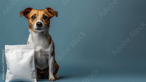 Dog sitting next to a blank packaging, canned goods,  perfect for a Pet food bag mock up design, isolated on brown background photo