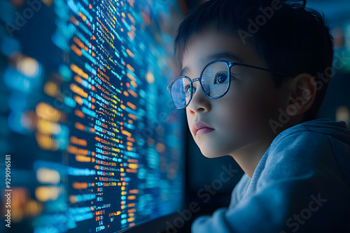  IT young primary school student studying at computer learning digital code in data and online software ai cyber security threats