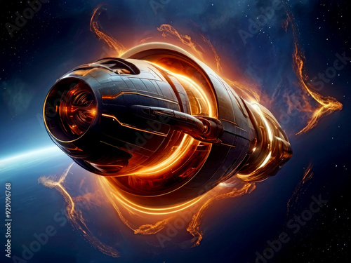 Spaceship rocket burning up in orange glowing flames as it enters atmosphere