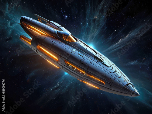 A small pointy spaceship flying in space in darkness with lights glowing an orange color