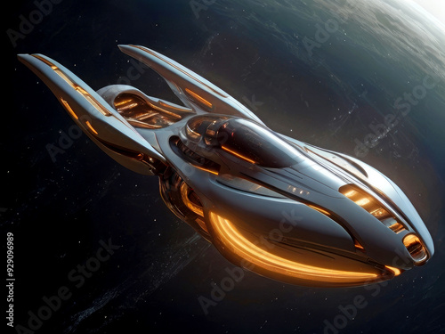 Top view of a fast dark spaceship flying in space in darkness with lights glowing an orange color