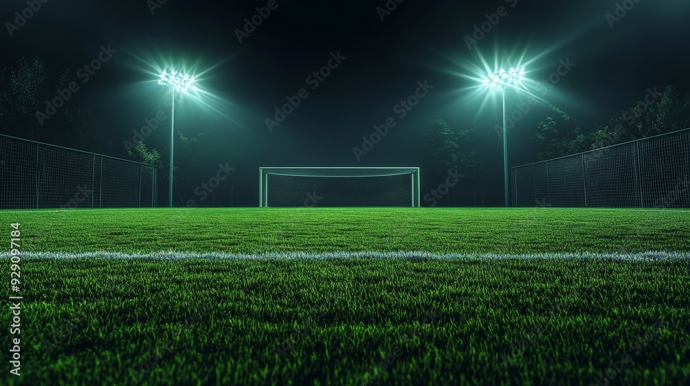Soccer Field at Night - Illuminated Goal and Grass Soccer Field at Night - Illuminated Goal and Grass