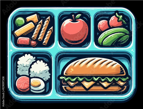 Vector illustration of a food tray with diverse food items, suitable for restaurant, school, and food-related design projects.