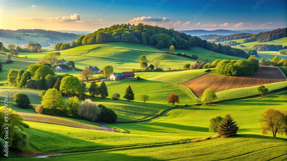 Naklejka premium Serene rural landscape featuring a vast expanse of lush green farm land with rolling hills, scattered trees, and a clear blue sky in the background.