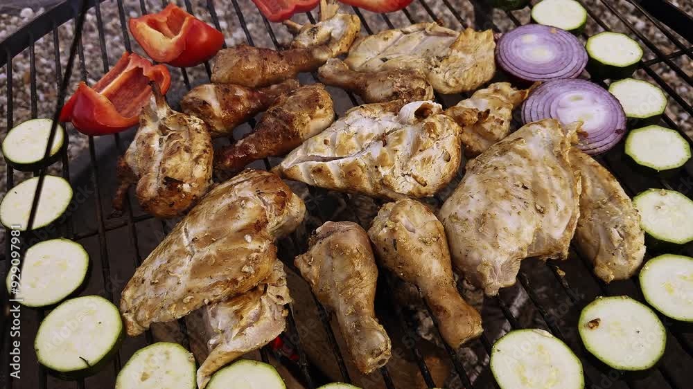 Summer barbecue with friends and family outdoor food party. Grilled chicken meat and vegetables frying barbecue on fire. Opening the grill and BBQ.