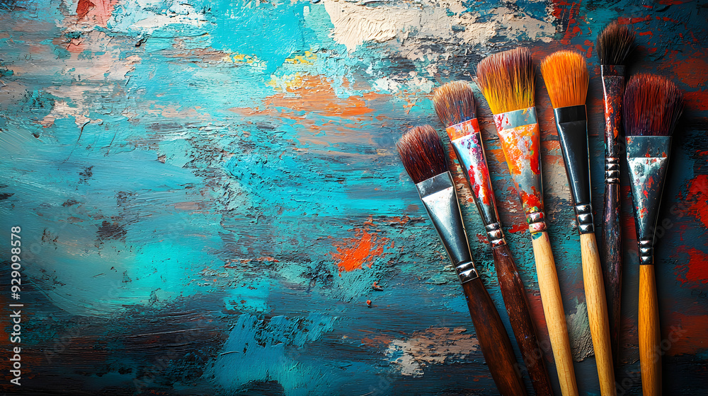 Obraz premium Artists Workspace Paintbrushes and Creative Tools