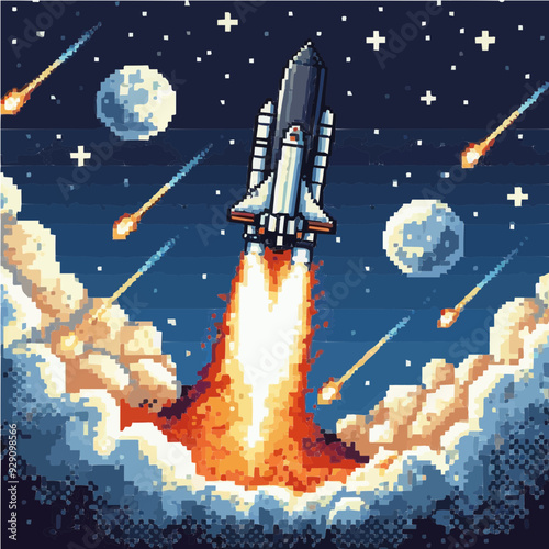 Vector illustration of a space shuttle launching into space with pixel art style, featuring stars, moons, and comets. Ideal for retro and sci-fi designs.