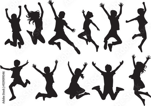 silhouettes of happy jumping children vector art illustration.