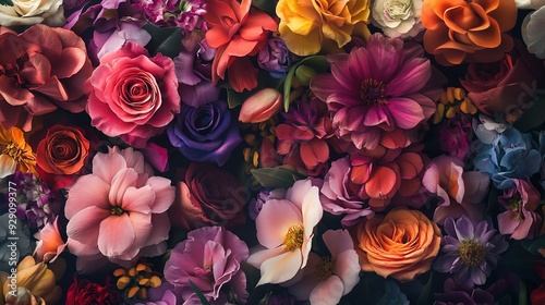 Vibrant Floral Tapestry: A captivating close-up of a multitude of colorful blossoms, each with unique textures and hues, creating a mesmerizing visual symphony. 