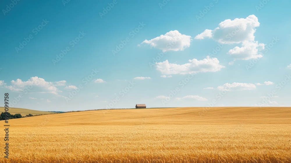 Golden Field with Lone House and Blue Sky